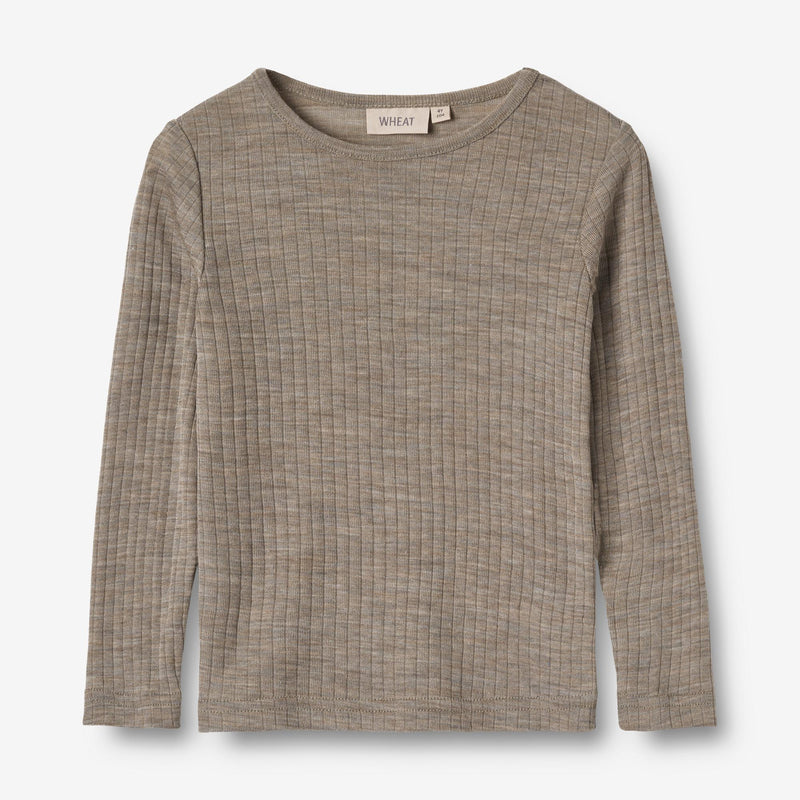 Wheat Wool Langermet Ull T-skjorte Alfie Jersey Tops and T-Shirts 3204 khaki melange