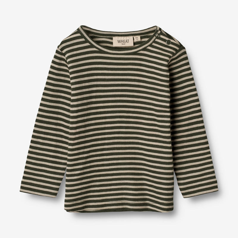Wheat Wool  Ull T-skjorte LS | Baby Jersey Tops and T-Shirts 4142 green stripe