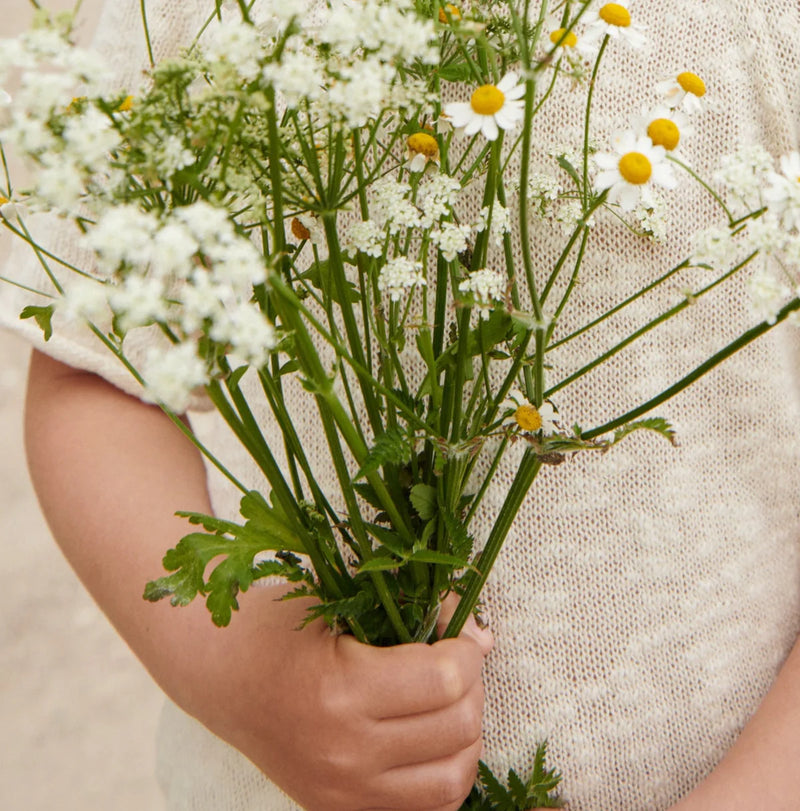 et barn som holder en blomsterbukett